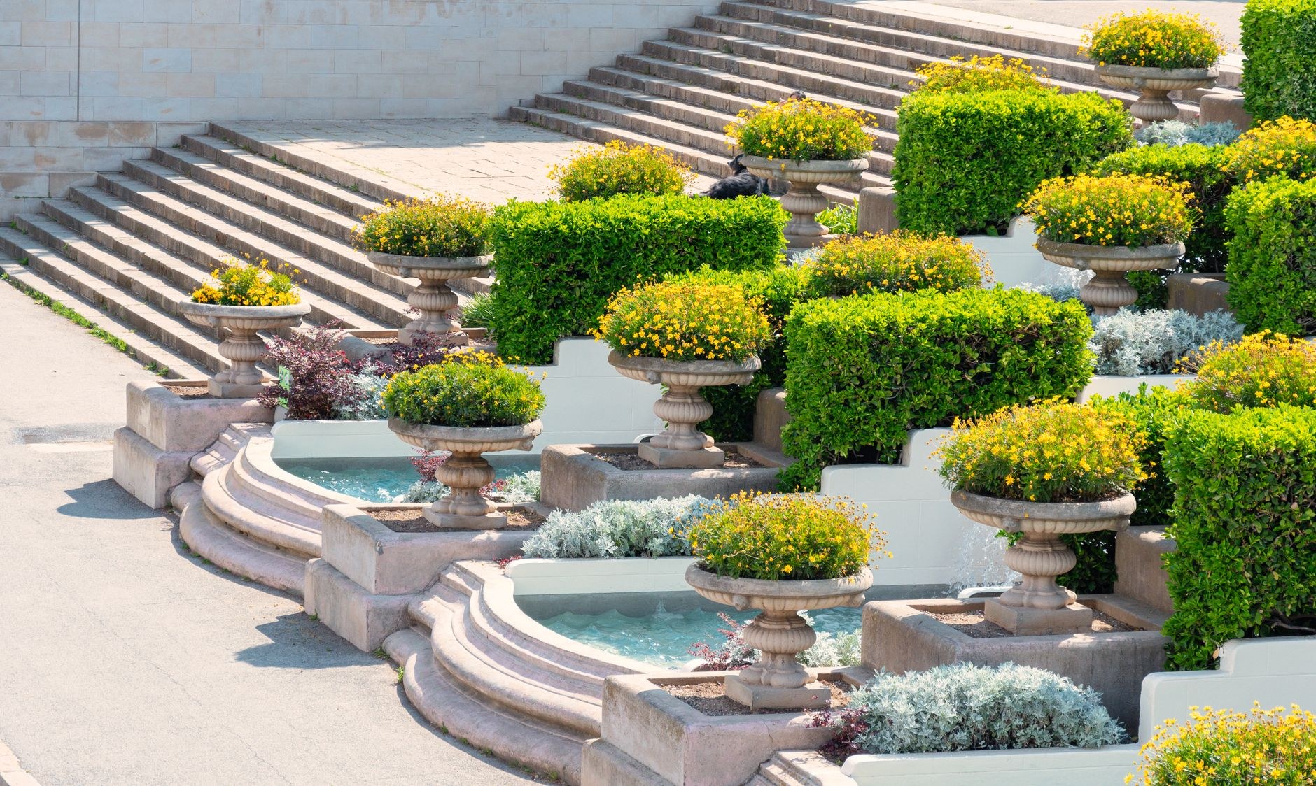 Formal garden with planted stone urns beside terraced steps
